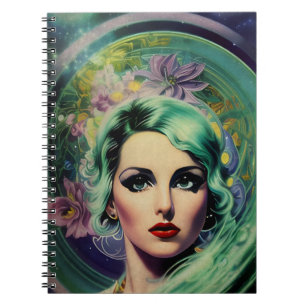 Caderno Espiral Linda Lavanda e Estilo Retro Verde Mulher Espacial