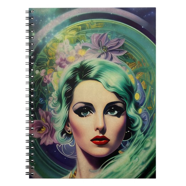 Caderno Espiral Linda Lavanda e Estilo Retro Verde Mulher Espacial (Frente)