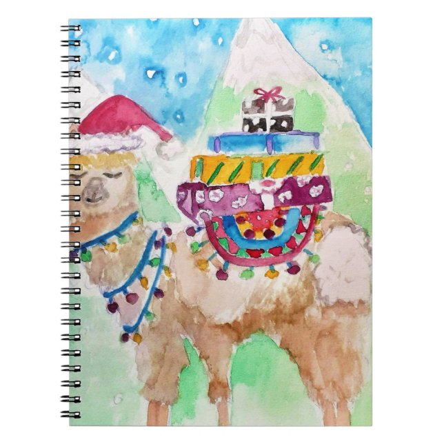 Caderno Espiral Linda Llama Feliz Natal arte de aquarela (Frente)