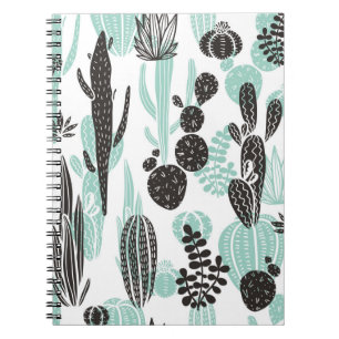Caderno Espiral Linda mão desenhada em cactos, padrão sem soldad