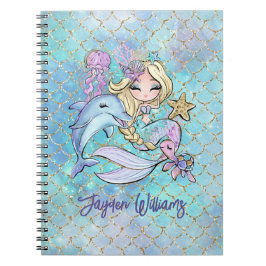 Caderno Espiral Linda Menina Azul Rosa Sereia Escola Nome da Menin