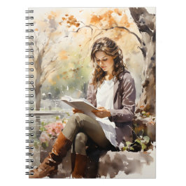 Caderno Espiral Linda Mulher Lendo Um Livro Em Park Watercolor