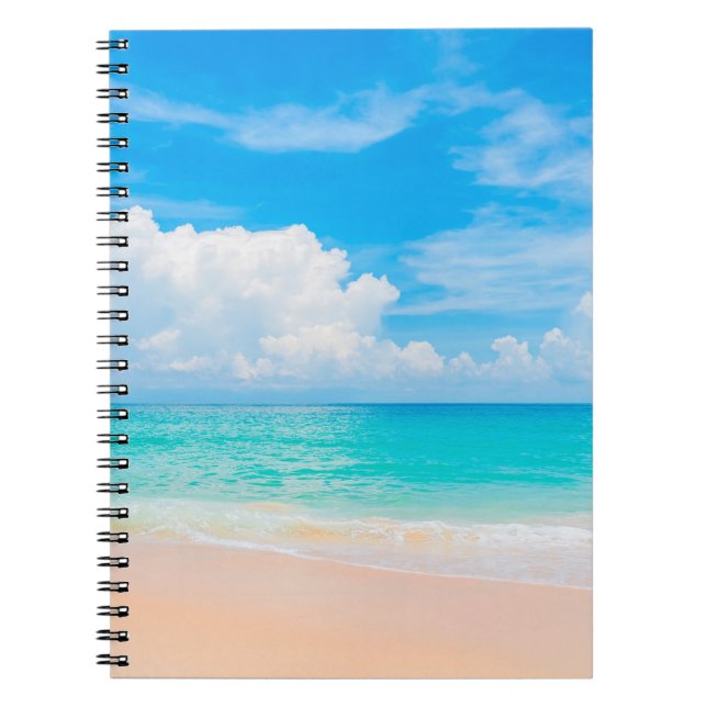 Caderno Espiral Linda praia tropical com céu azul e branco c (Frente)