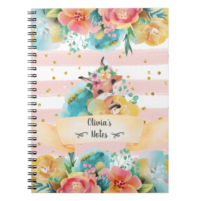 Caderno Espiral Linda Raposa Aquarela Flores Delicadas Diário de M (Frente)