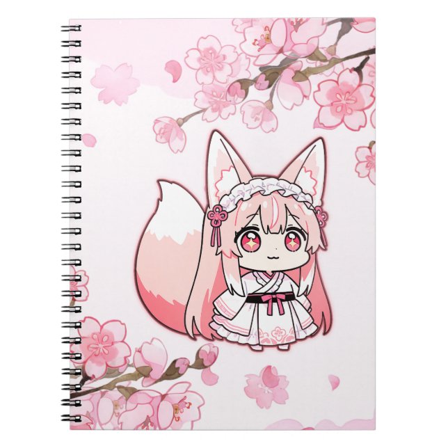 Caderno Espiral Linda Raposa Chibi Rosa Pastel  (Frente)