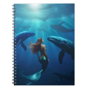 Caderno Espiral Linda Sereia Nadando Com Baleias De Socorro,