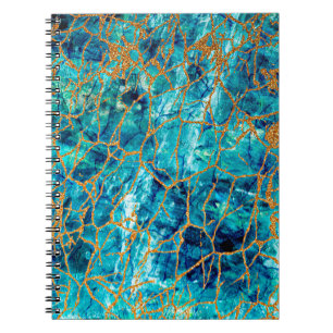 Caderno Espiral Linda textura luxuosa de mármore azul com ouro.