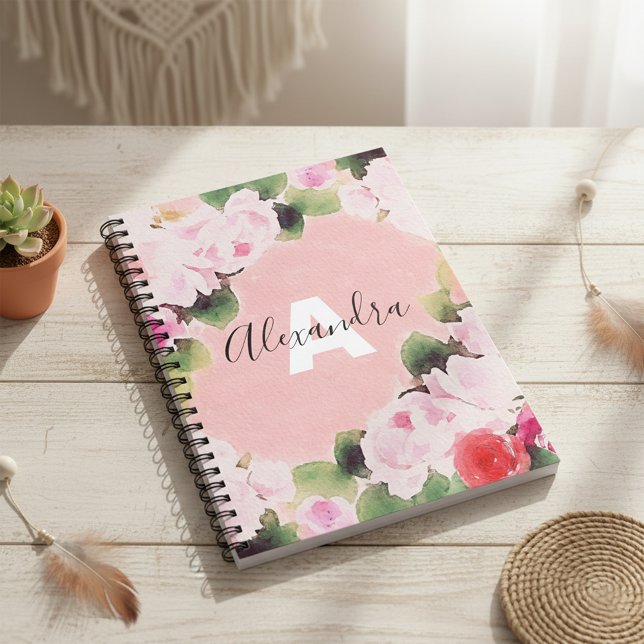 Caderno Espiral Lindas Rosas Cor-de-Água-Rosa Com Nome (Criador carregado)