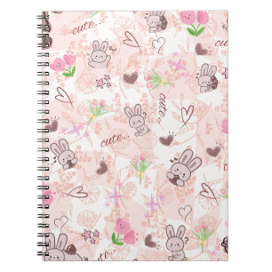 Caderno Espiral Lindo Coelho Kawaii Japonês e Xadrez Gingham Rosa