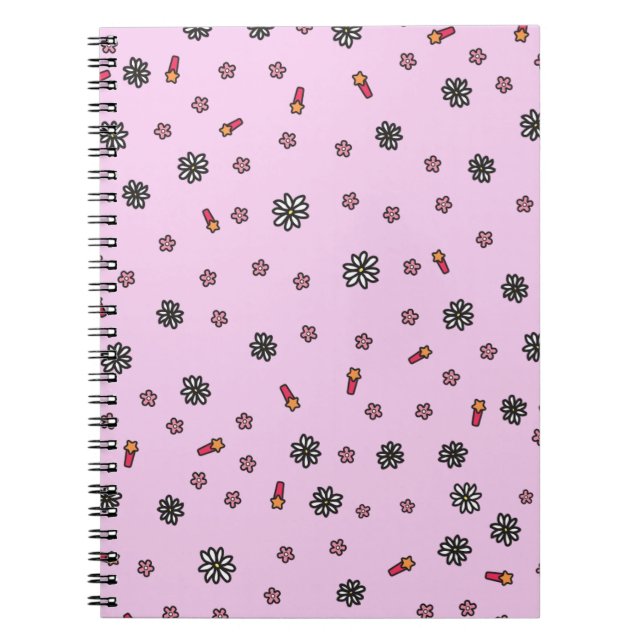 Caderno Espiral Lindo floral rosa e branco com estrelas em rosa (Frente)