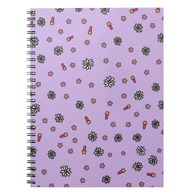 Caderno Espiral Lindo floral rosa e branco com estrelas em roxo (Frente)