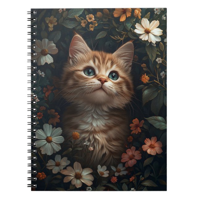 Caderno Espiral Lindo Gatinho Laranja com Flores Silvestres (Frente)