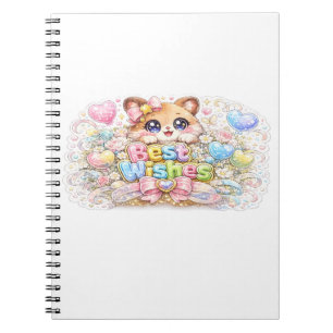 Caderno Espiral Lindo Kawaii Desejos Felicidades Gato Rosa Pastel