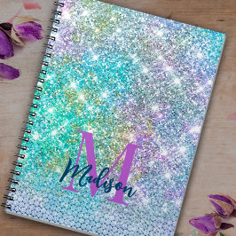 Caderno Espiral Lindo monograma falso cintilante de unicórnio turq