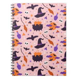 Caderno Espiral Lindo padrão de Halloween roxo e rosa