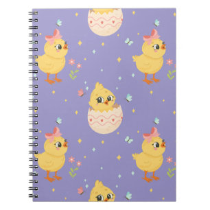 Caderno Espiral Lindo Pintinho de Páscoa com Laço Rosa Padrão Sem