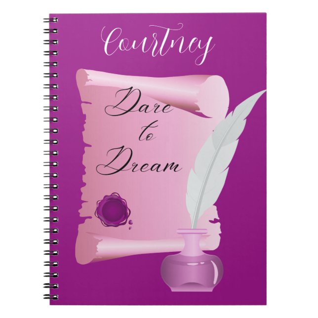 Caderno Espiral Lindo Rolo Cor-de-Rosa & Pena "Ouse Sonhar"  (Frente)