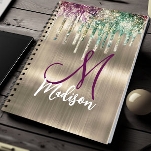 Caderno Espiral Lindo unicórnio dourado monograma com respingos de