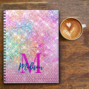 Caderno Espiral lindo unicórnio monograma rosa com lantejoulas e s