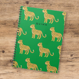Caderno Espiral Lindos Cheetahs Leopard Verde c/ Nome para Criança