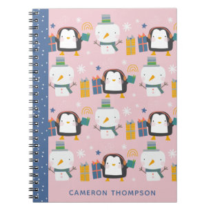 Caderno Espiral Lindos Pinguins de Inverno Boneco de Neve Rosa Per