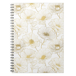 Caderno Espiral Linha de Flores Brancas Florais Chic Dourado