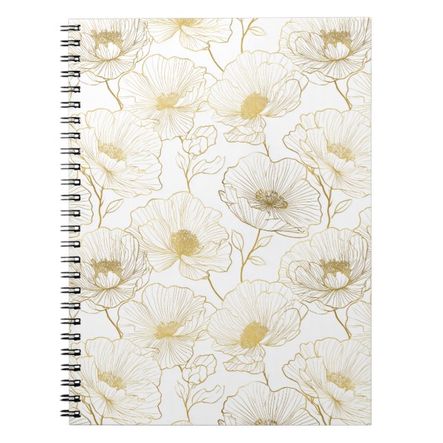 Caderno Espiral Linha de Flores Brancas Florais Chic Dourado (Frente)
