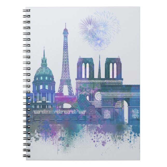 Caderno Espiral Linha do Skyline de Paris - Azul Aquarela (Frente)