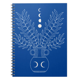 Caderno Espiral Linhagem branca vase fases da lua folhas vegetais