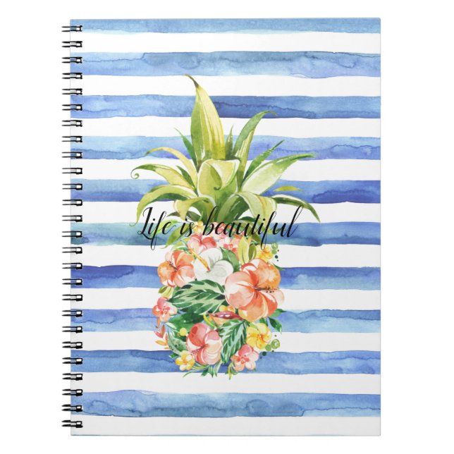 Caderno Espiral Listras Brancas Azuis Floral Tropical Abacaxi (Frente)