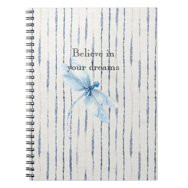 Caderno Espiral Listras Brancas Azuis Libélula Acredite (Frente)