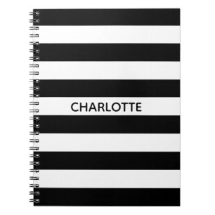 Caderno Espiral Listras brancas e pretas, nome personalizado monog