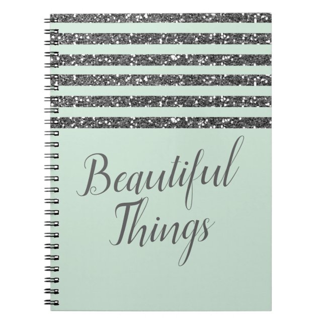 Caderno Espiral Listras de Brilho Prateado e Verde Menta Fresca (Frente)