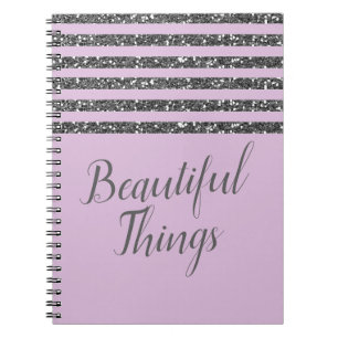 Caderno Espiral Listras de Purpurina Prata Lilás Lavanda Roxo