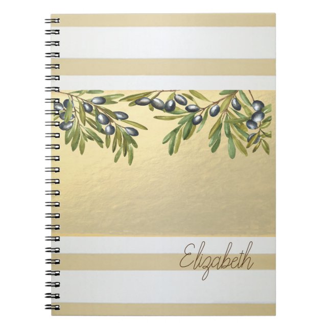 Caderno Espiral Listras Douradas Modernas, Ramos de Oliveira (Frente)