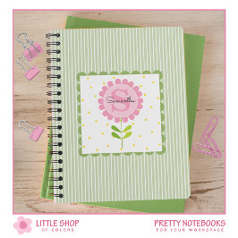 Caderno Espiral Listras Florais Cor-de-Rosa e Monograma de Pontos