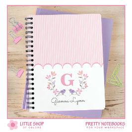 Caderno Espiral Listras Florais Rosa Monogramada