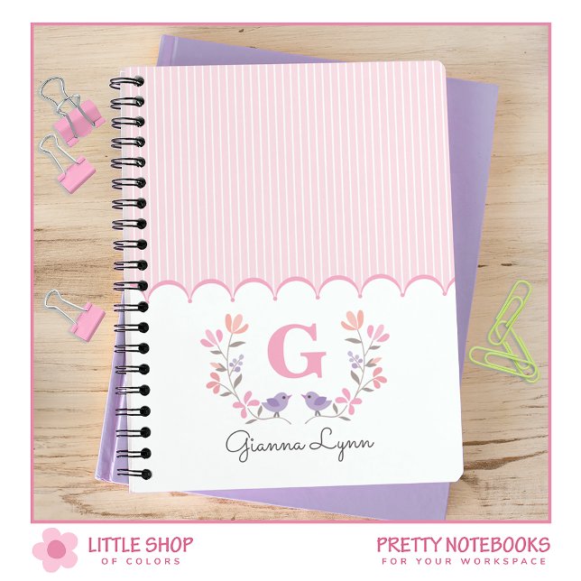 Caderno Espiral Listras Florais Rosa Monogramada (Criador carregado)