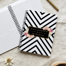 Caderno Espiral Listras Pretas e Brancas Abstratas e Moldura Doura