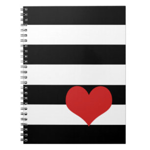 Caderno Espiral Listras Pretas e Brancas c/Coração Vermelho