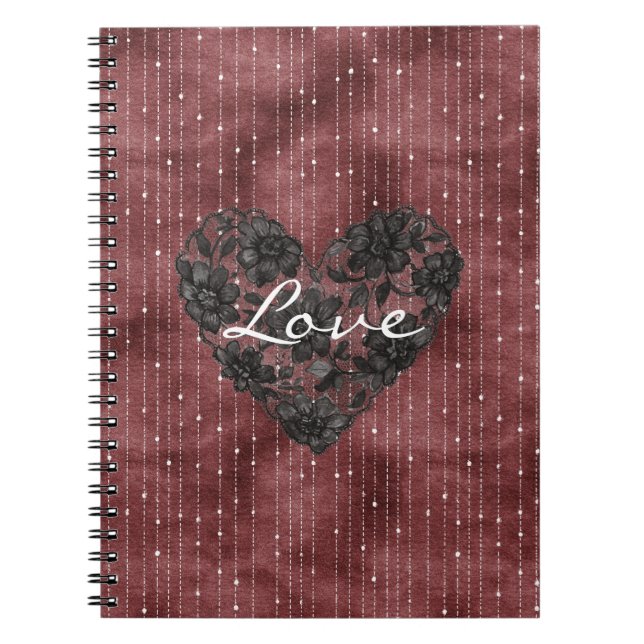 Caderno Espiral Listras Vermelhas Borgonha Preto Renda Falsa Flora (Frente)