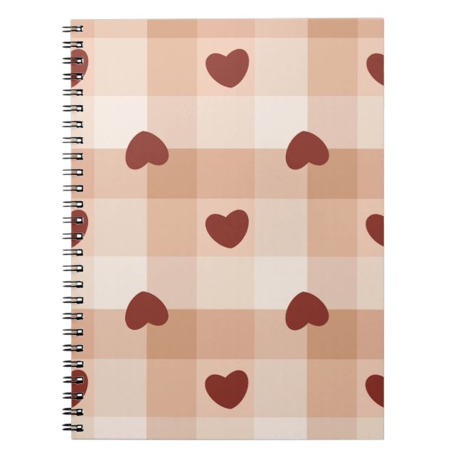 Caderno Espiral  Little red hearts on beige gingham pattern (Frente)