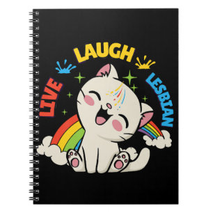 Caderno Espiral Live Laugh Lesbian Flag Rainbow Cat Pride Mont Ki