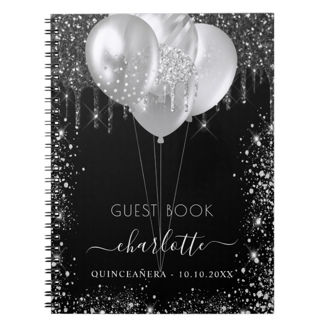 Caderno Espiral Livro convidado Quinceanera Black prata gliter nam (Frente)