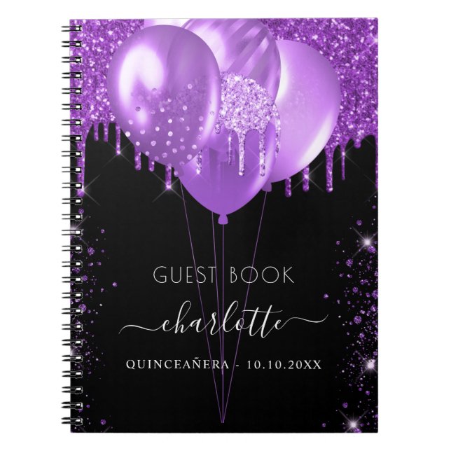 Caderno Espiral Livro convidado Quinceanera black rople glitname (Frente)