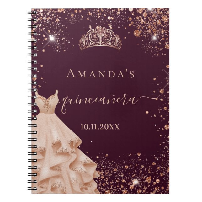 Caderno Espiral Livro convidado Quinceanera burgundy rosa gold tia (Frente)
