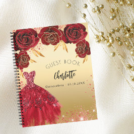 Caderno Espiral Livro convidado Quinceanera Red Gold Glitser vesti