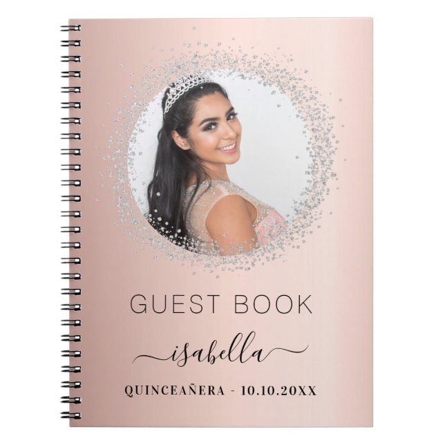 Caderno Espiral Livro convidado Quinceanera rosa dourada fotografi (Frente)