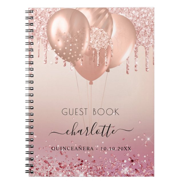 Caderno Espiral Livro convidado Quinceanera rosa dourado, brilho r (Frente)