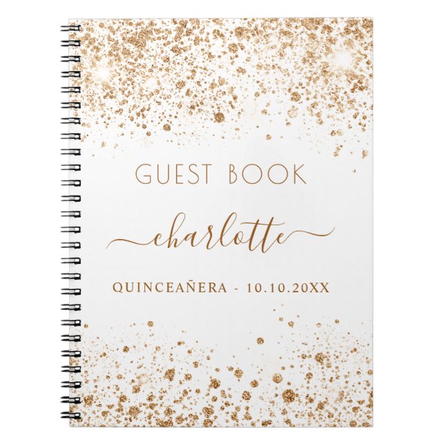 Caderno Espiral Livro convidado Quinceanera white gold glitname (Frente)